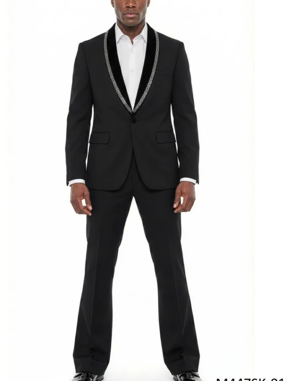 Solid Black Shawl Collar w/ Studded Trim Flared Pants 2 Piece Men's Suit